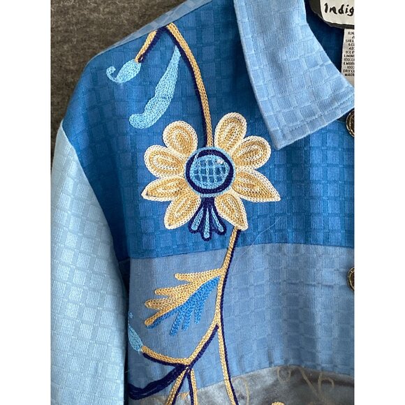 Women Indigo Moon Cotton Silk Embroidered Flower Patchwork Blue Teal Jacket  M - Picture 2 of 15